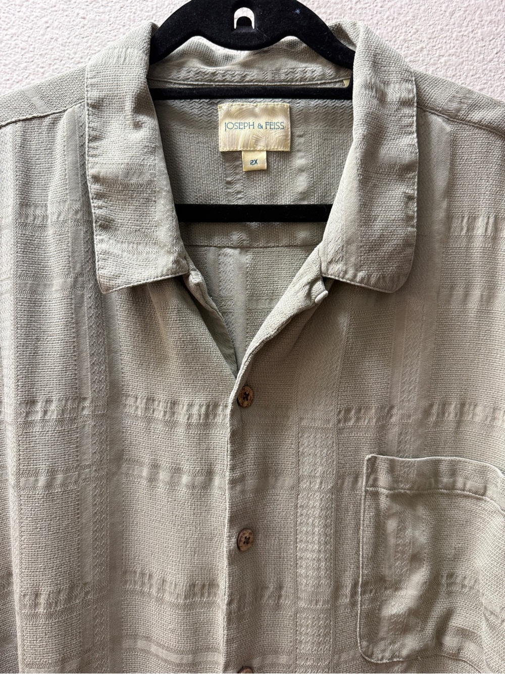 Vintage Joseph & Feiss 100% Silk Shirt 2X Sage Green Textured Short Sleeve - Picture 3 of 9